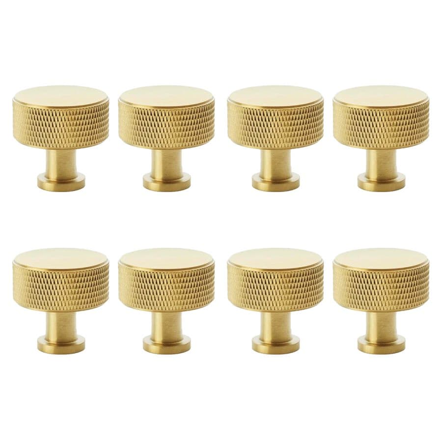 Pack of 8 large satin brass knurled cupboard knobs