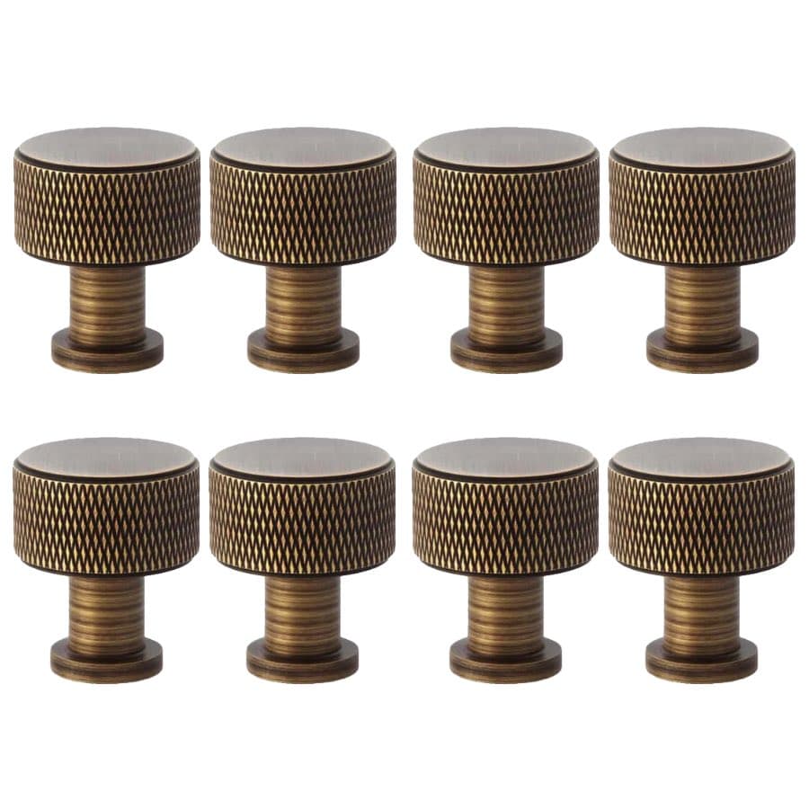 Pack of 8 small antique brass knurled cupboard knobs