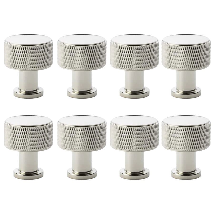 Pack of 8 small polished nickel knurled cupboard knobs