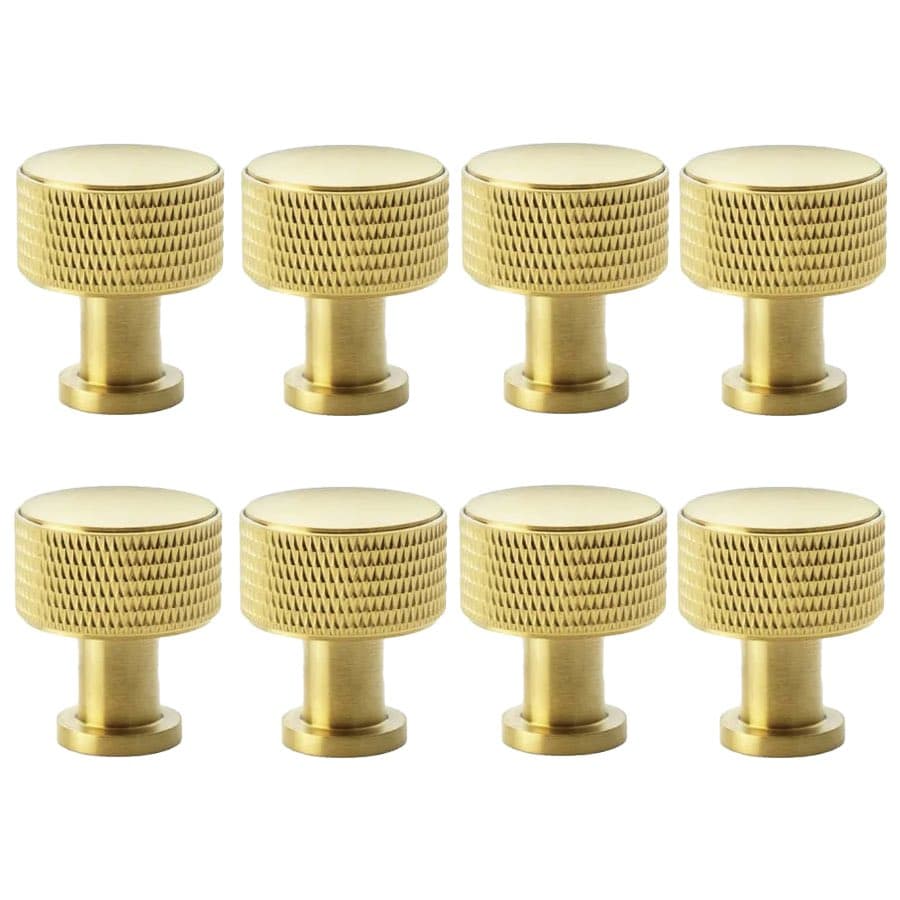 Pack of 8 small satin brass knurled cupboard knobs