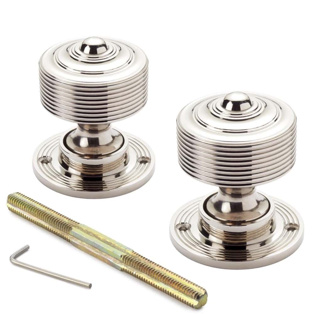 Pewter Cast Iron Davenport Rim Lock Reeded Polished Nickel Door Knobs