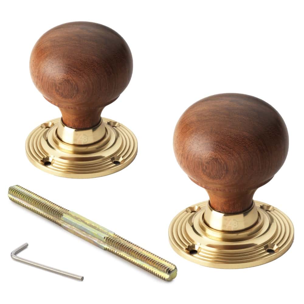 Polished Brass Davenport Rim Lock Rosewood Polished Brass Bun Door Knobs