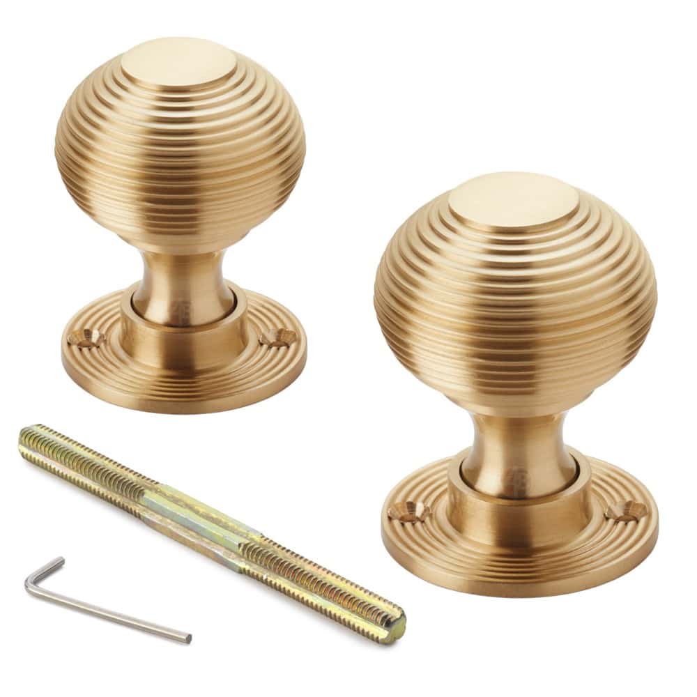 Polished Brass Davenport Rim Lock Solid Satin Brass Beehive Door Knobs