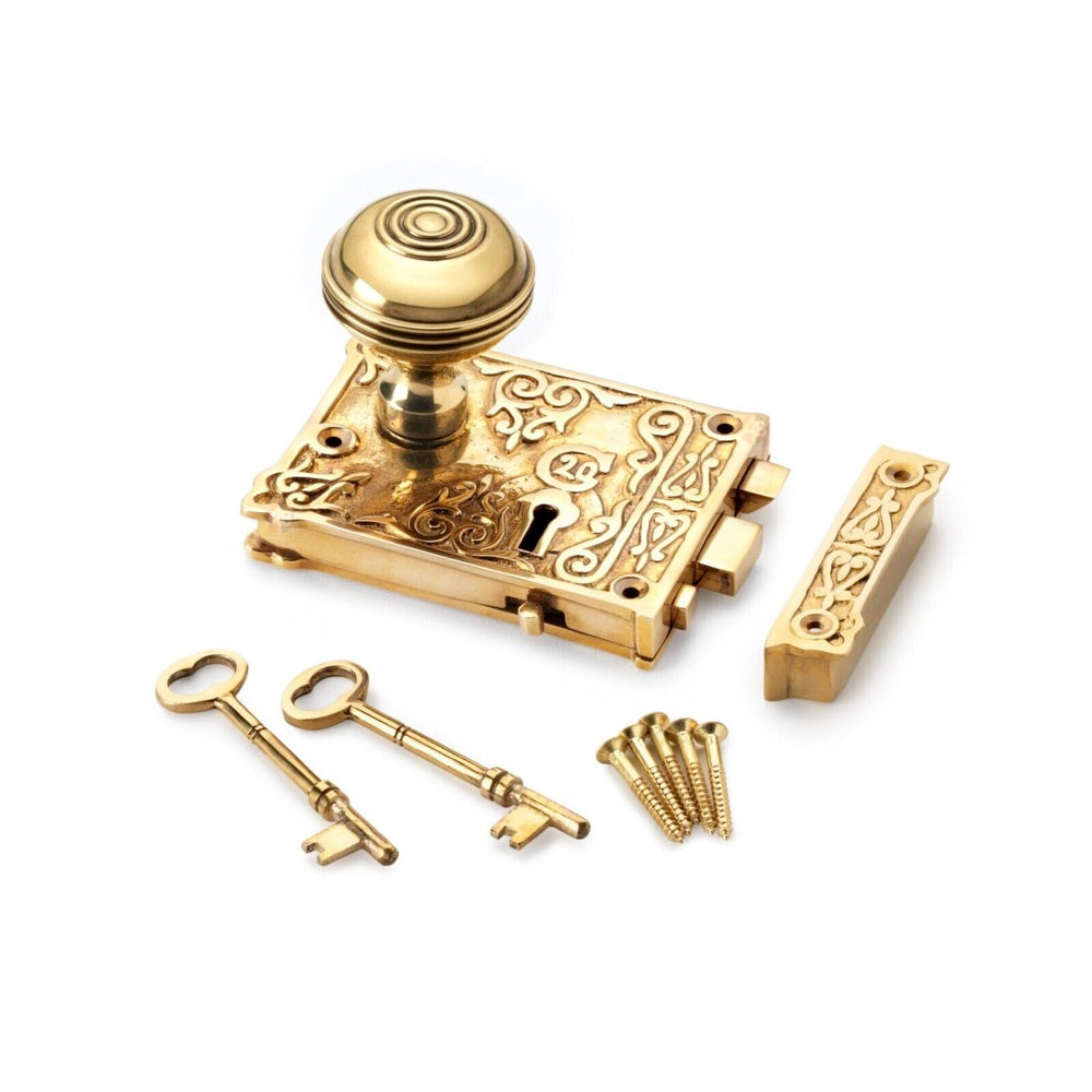 Polished Brass Floral Rim Lock Aged Brass Bloxwich Door Knobs