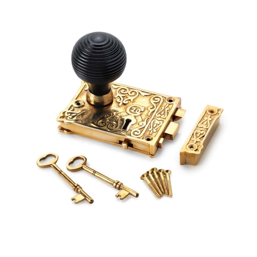 Polished Brass Floral Rim Lock Ebonised Aged Brass Beehive Door Knobs