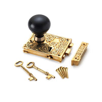 Thumbnail for Polished Brass Floral Rim Lock Ebonised Aged Brass Bun Door Knobs