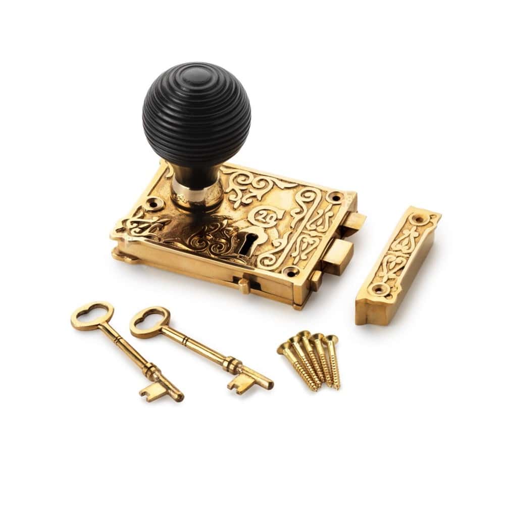 Polished Brass Floral Rim Lock Ebony Polished Brass Beehive Door Knobs