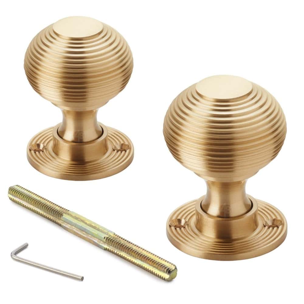 Polished Brass Floral Rim Lock Heavy Satin Brass Beehive Door Knobs