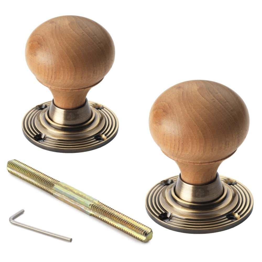 Polished Brass Floral Rim Lock Teak Wood Antique Brass Bun Door Knobs