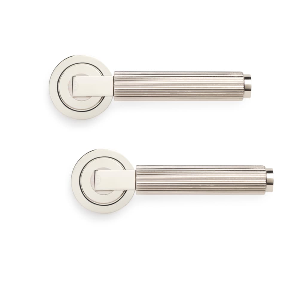 Polished Nickel Reeded Lever On Round Rose Pair