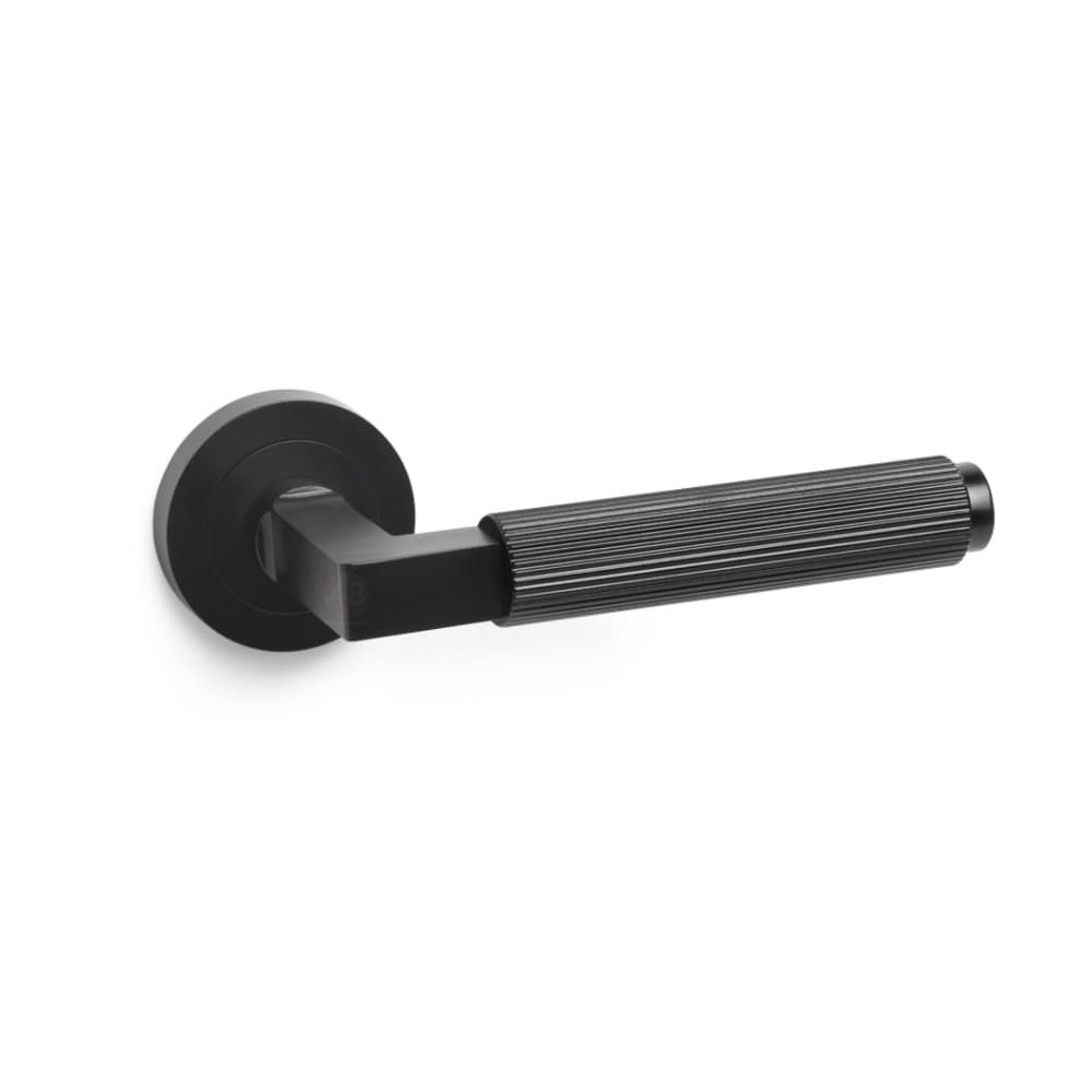 Powder Coated Black Reeded Lever On Round Rose Pair