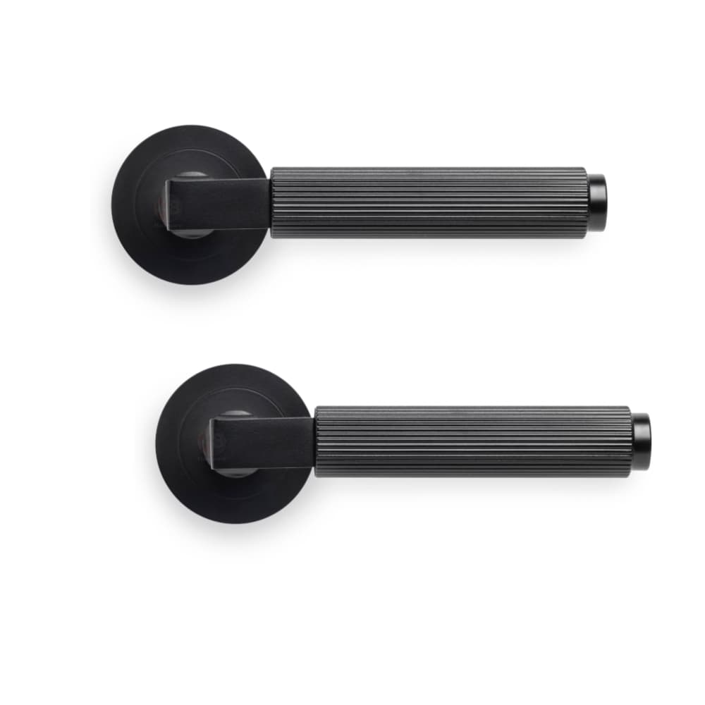 Powder Coated Black Reeded Lever On Round Rose Pair