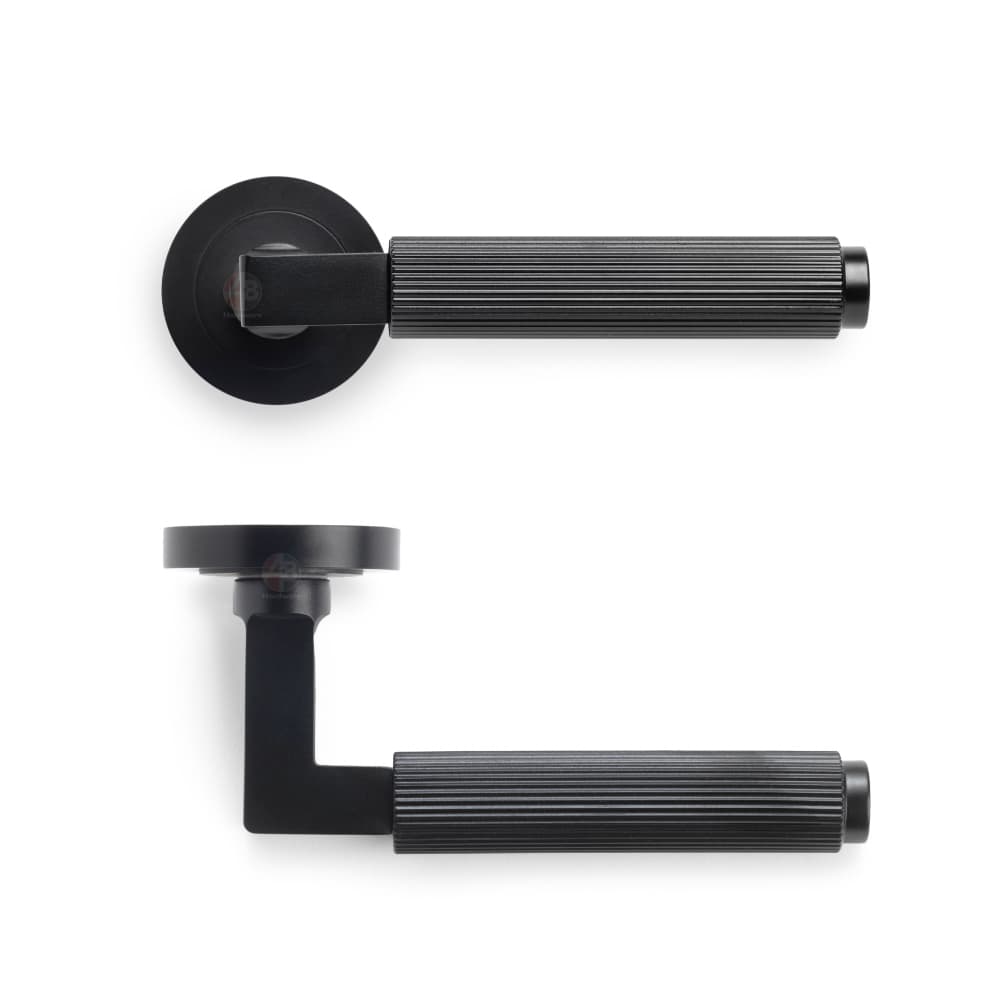 Powder Coated Black Reeded Lever On Round Rose Pair