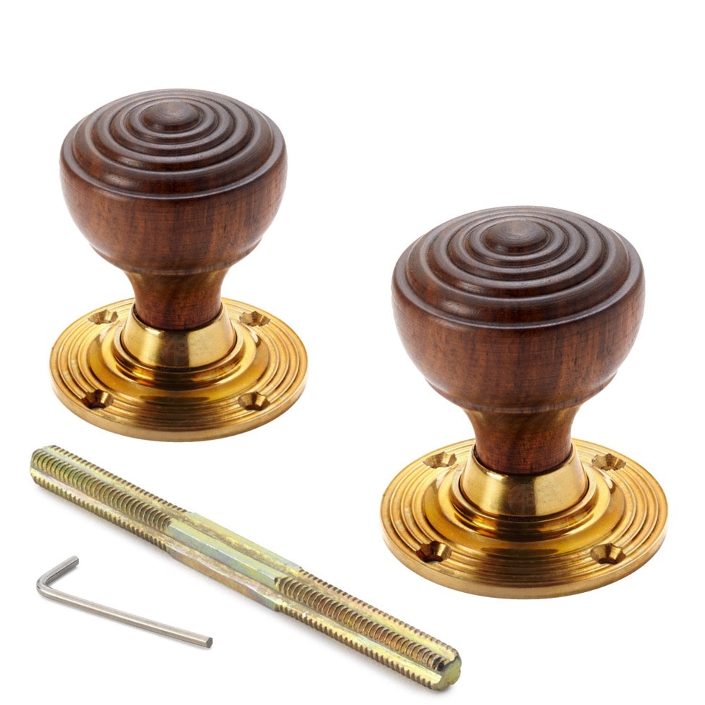 Rosewood & Polished Brass Ringed Door Knobs