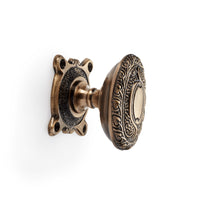 Thumbnail for Small Victorian Gothic Rim Lock Antique Brass Floral Oval Door Knobs