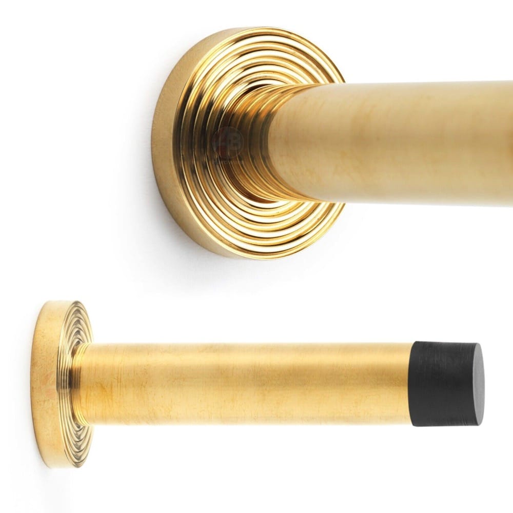 Solid Brass Cylinder Door Stop On Reeded Backplate - Polished Brass