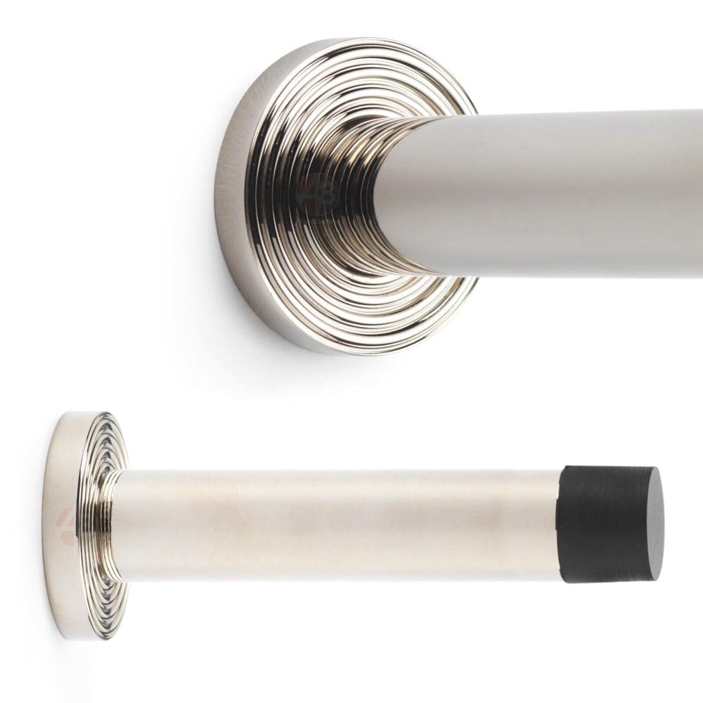 Solid Brass Cylinder Door Stop On Reeded Backplate - Polished Nickel