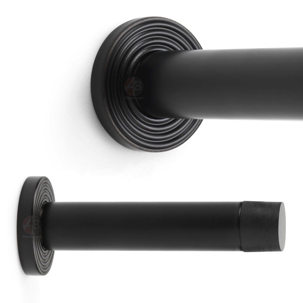 Solid Brass Cylinder Door Stop On Reeded Backplate - Powder Coated Black