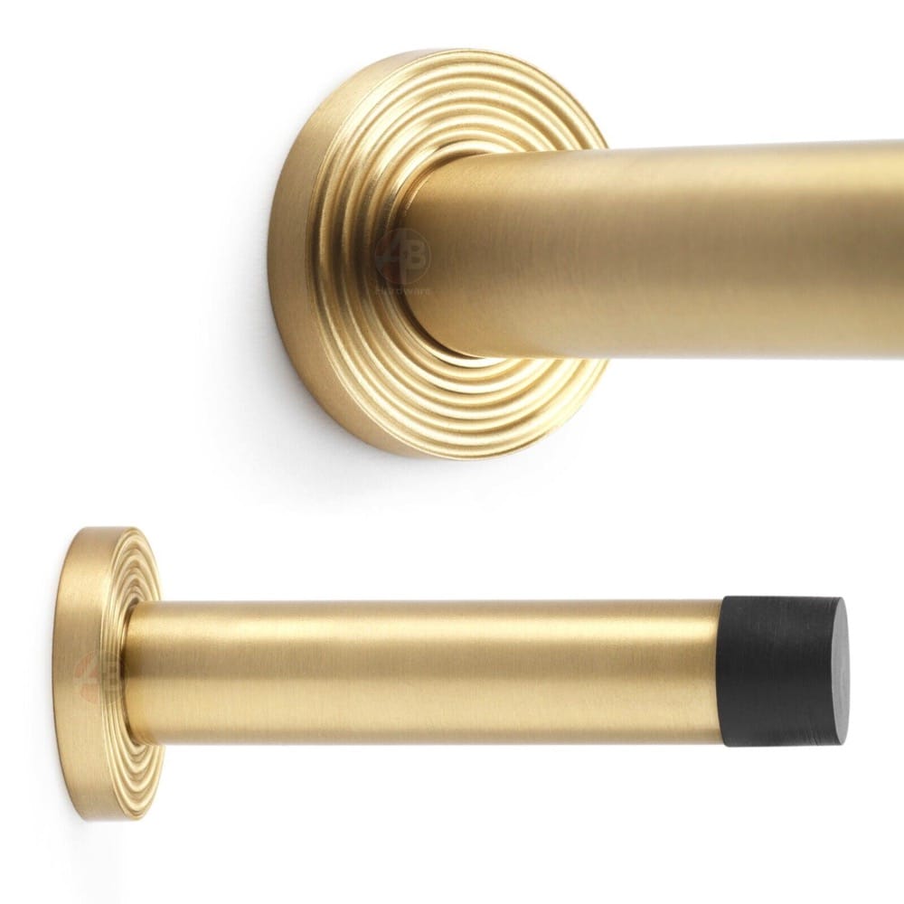 Solid Brass Cylinder Door Stop On Reeded Backplate - Satin Brass