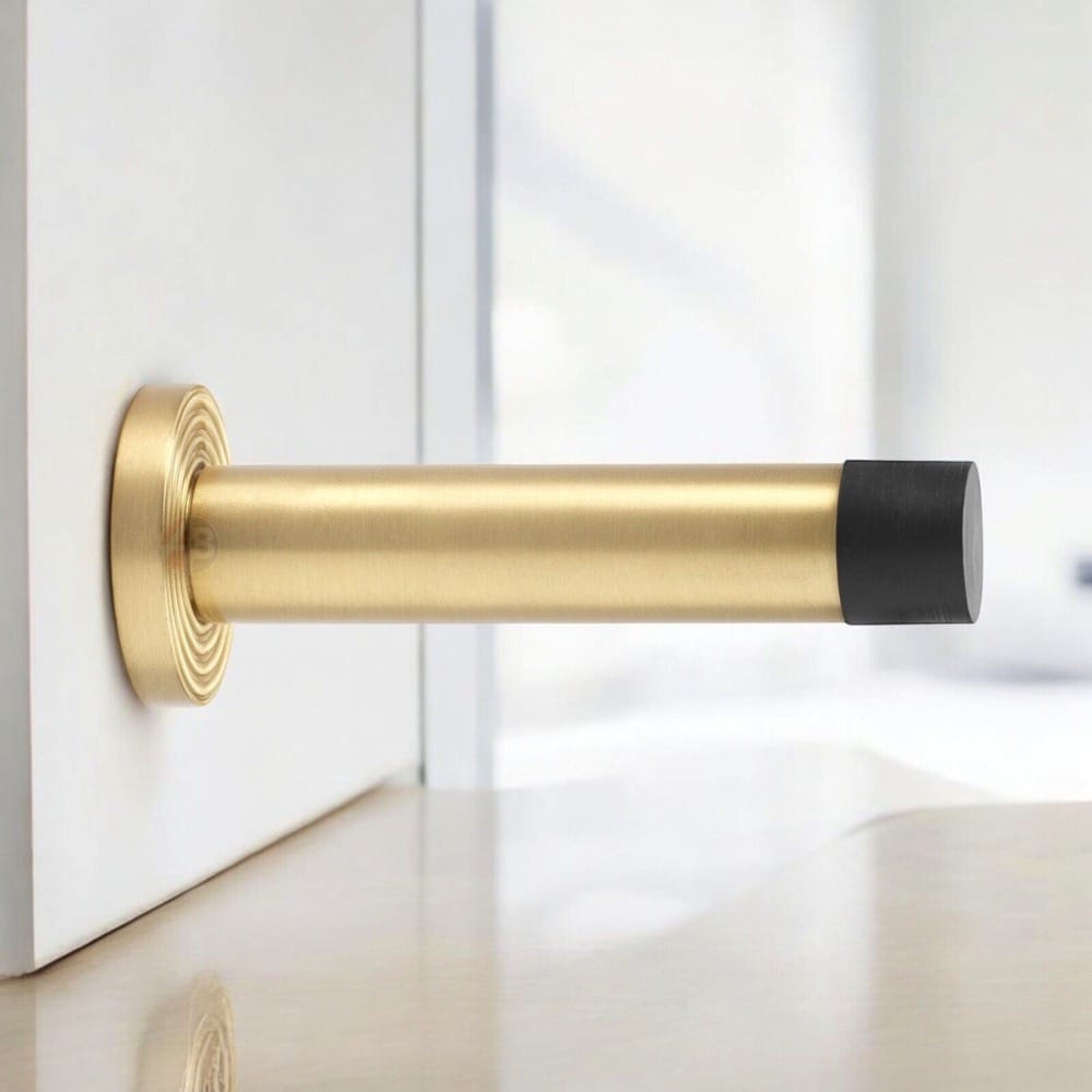 Solid Brass Cylinder Door Stop On Reeded Backplate - Satin Brass