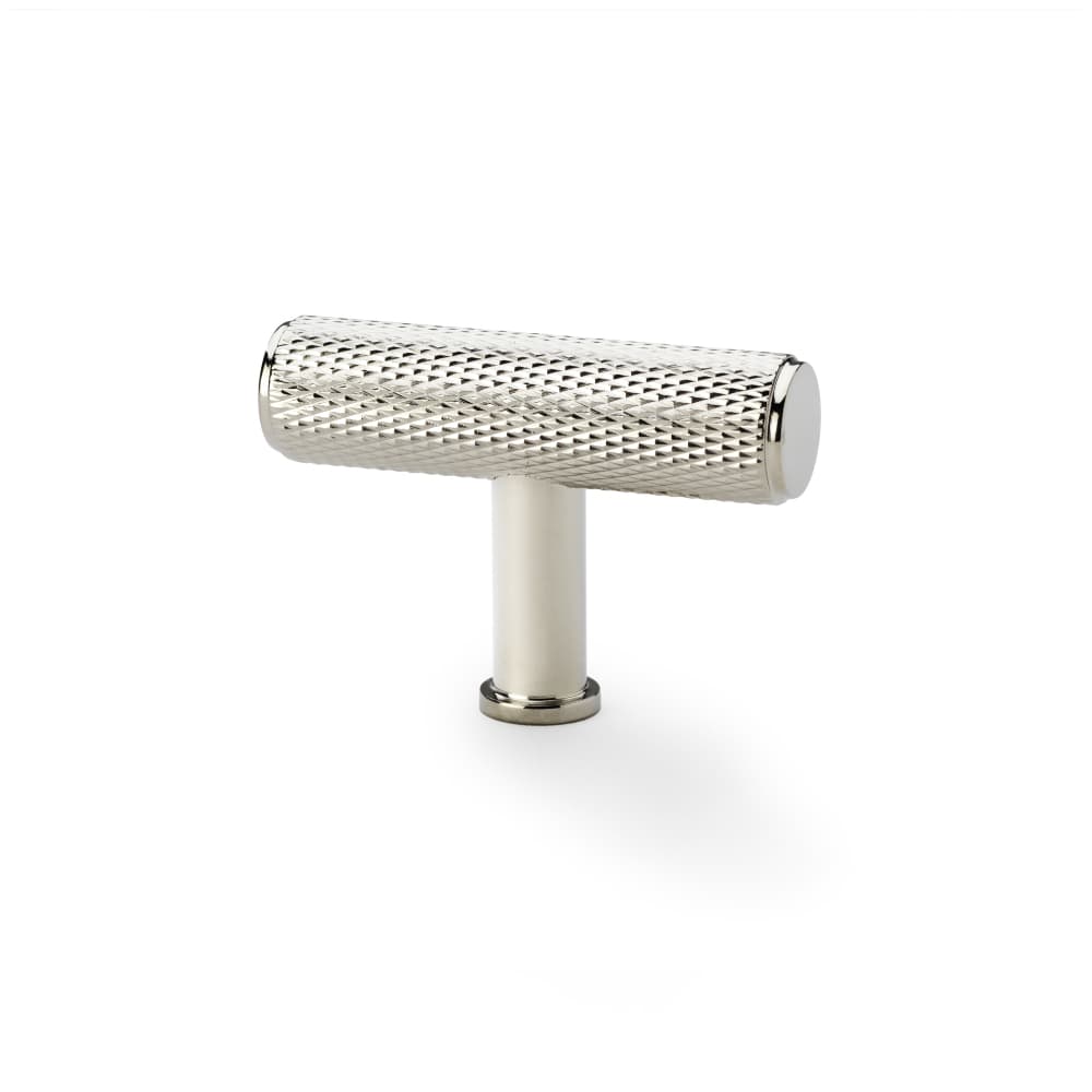 Solid brass knurled t bar pull handle - polished nickel