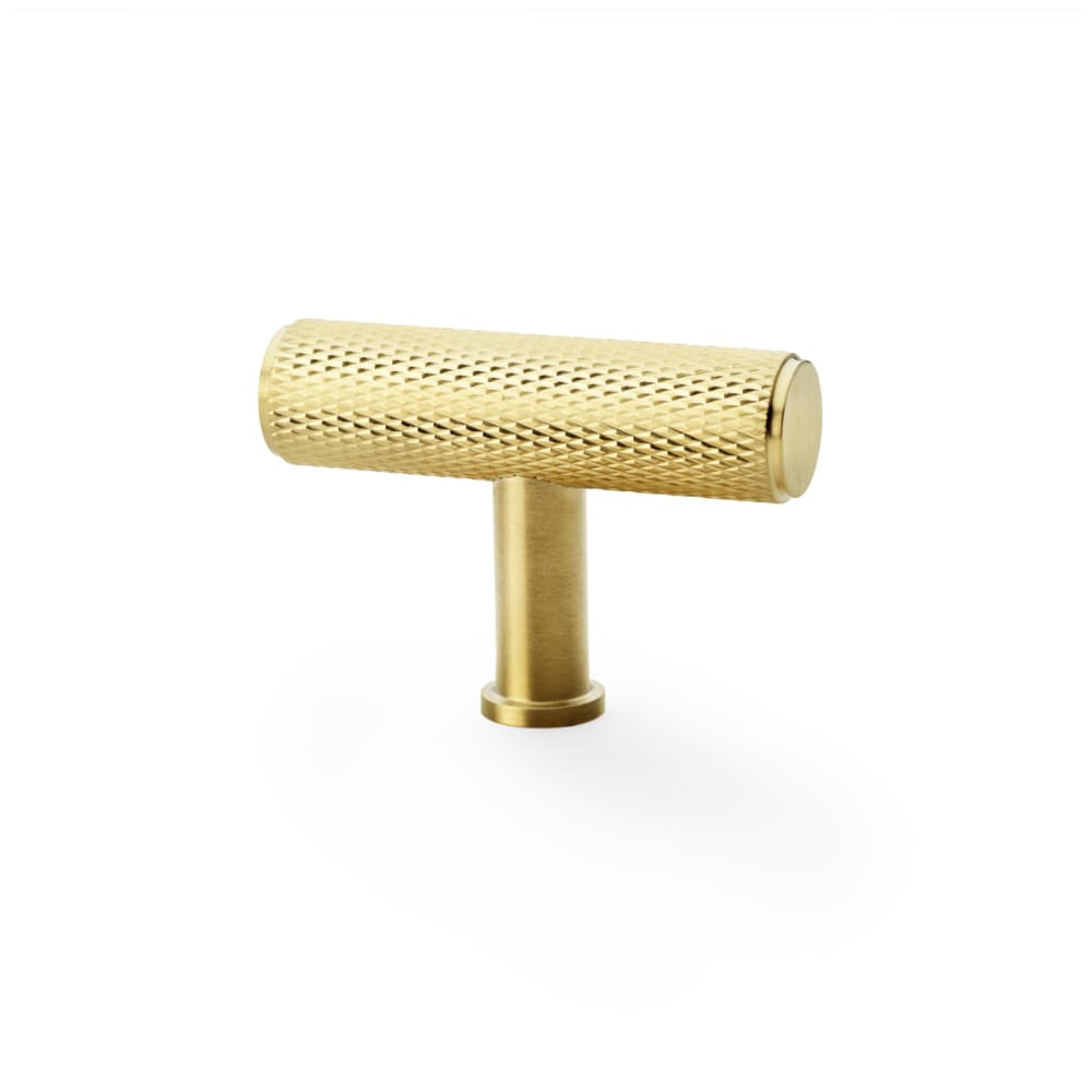 Satin brass knurled t bar pull handle - solid brass