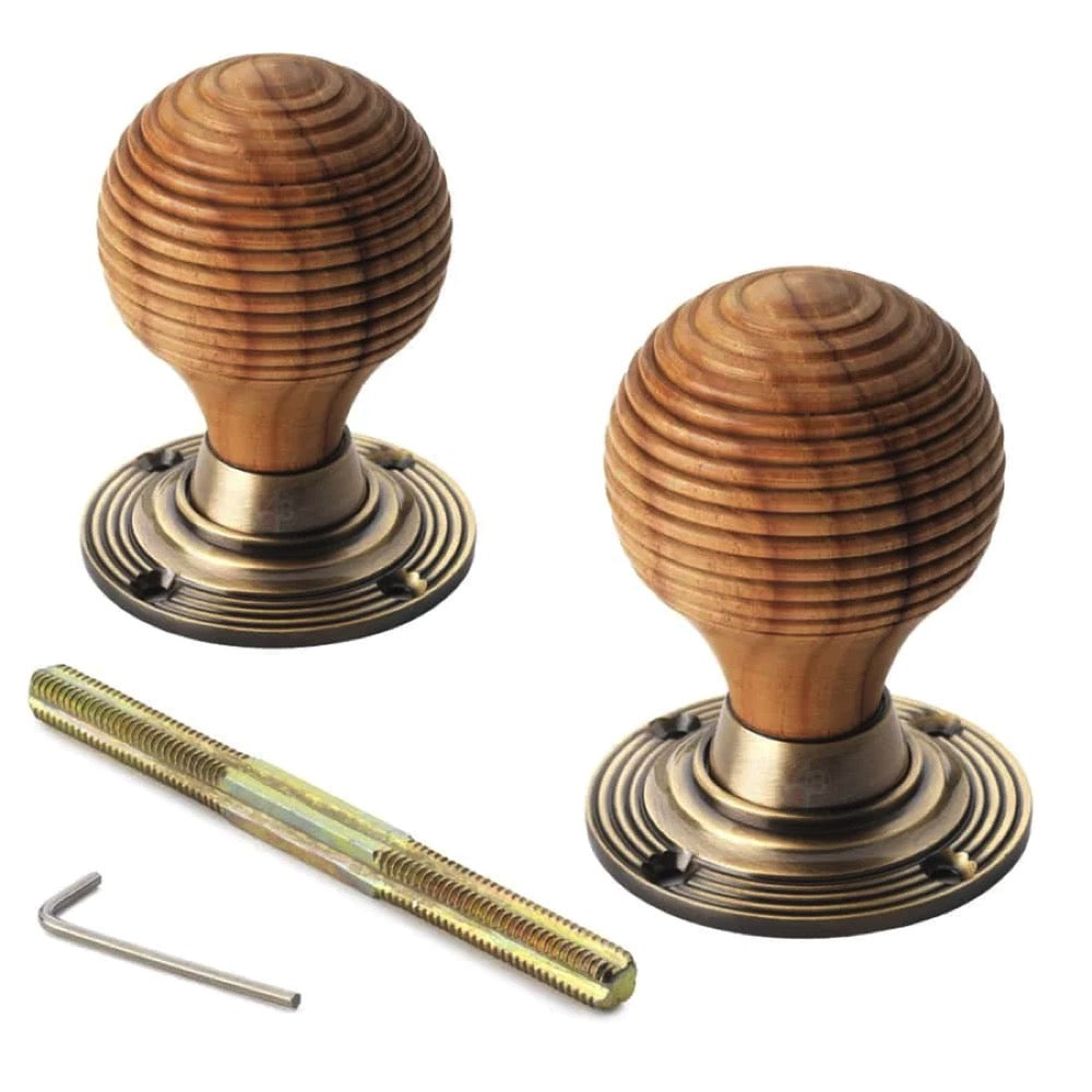 Large Victorian Gothic Rim Lock Teak Antique Brass Beehive Door Knobs