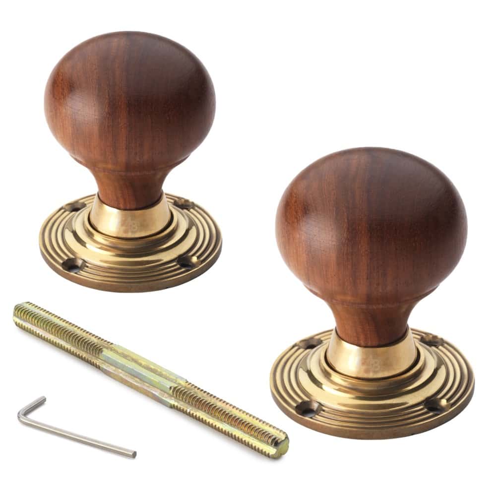 Rosewood & Aged Brass Bun Door Knobs