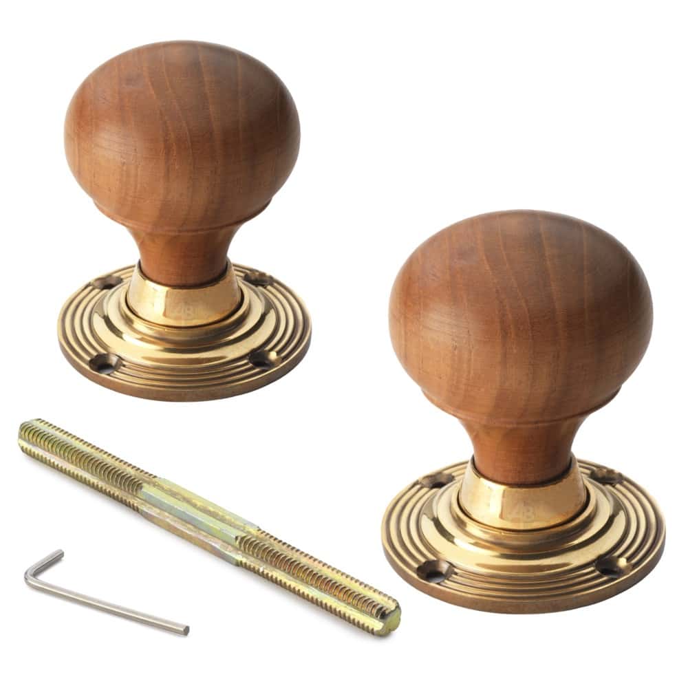 Teak & Aged Brass Bun Door Knobs