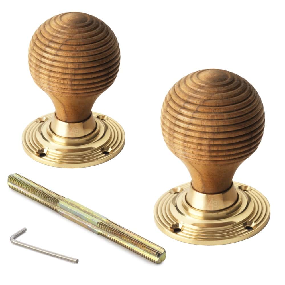 Teak & Polished Brass Beehive Door Knobs