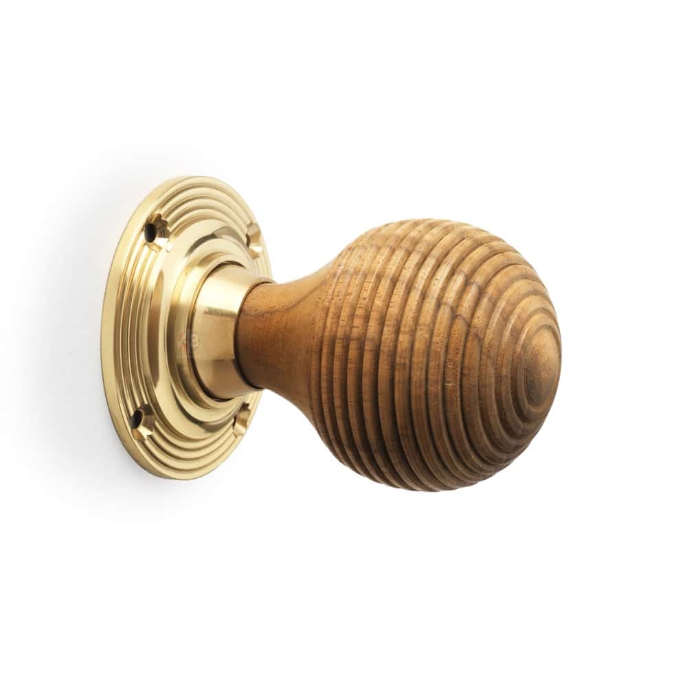 Teak & Polished Brass Beehive Door Knobs